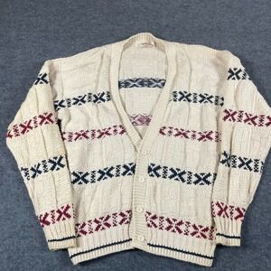 Vtg Traverse Bay Sweater Mens Extra Large White Striped Cardigan Cotton USA Made